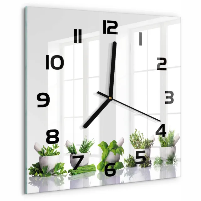 TULUP Wandklok - Kruiden Glazen Klok Met Print - 30x30 cm - Groente Wandklok Glas Met Motief - Zwarte handen - Vierkante Klok - Wandklok Glas Decoratie - Gekleurde Glazen Klok