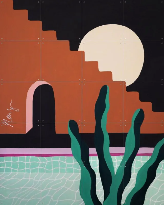 IXXI Plants by the Pool No.6, Palmartprints - 80 x 100 cm - Grote wanddecoratie en posters - Geometrische Kunst, Illustraties, Abstract, Woonkamer Donkere tinten / Groen