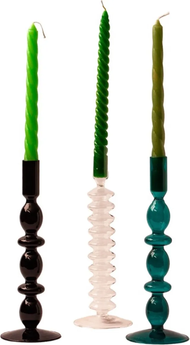 Winq Kleurige Glaskandelaren in een Zwart/ Groen Combinatie. Kaarsenhouder glas - Set bestaande uit 3 stuks – Decoratie woonkamer – geschikt voor Dinerkaarsen