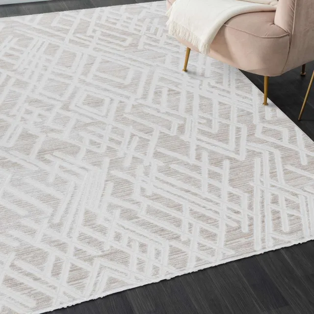 flycarpets Harmonie Modern 3D Effect Vloerkleed - Creme / Beige - 160x230 cm