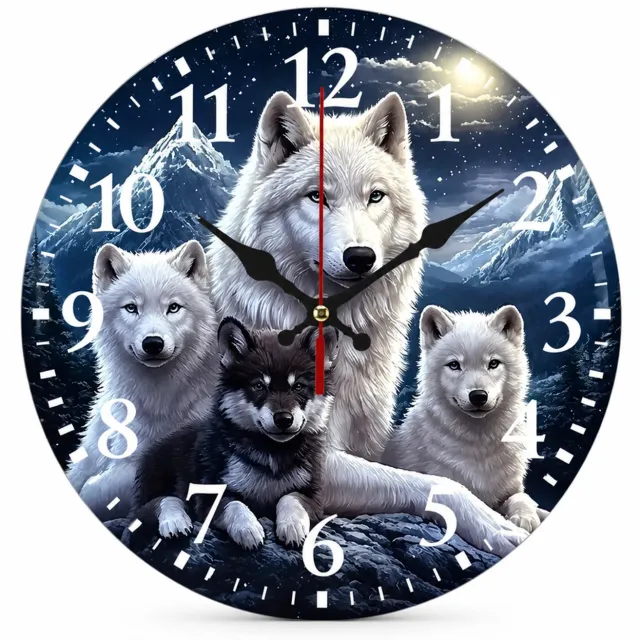 SWGOTA Houten wandklok rond 20 cm met wolven en sneeuwbergen, stil uurwerk en witte cijfers Zwart