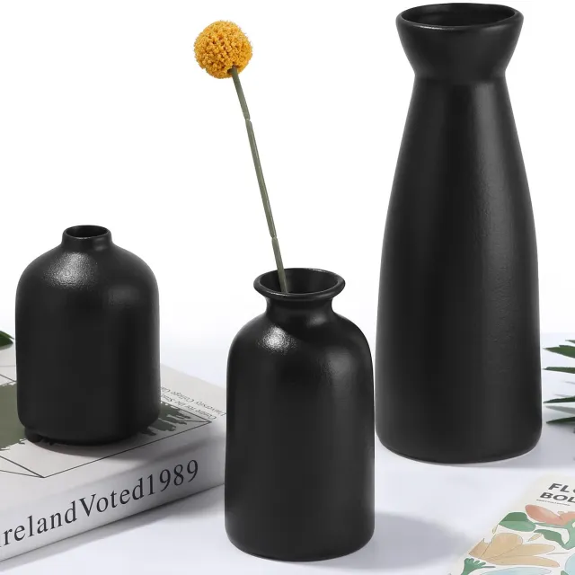 Famanu Set van 3 zwarte keramische vazen, Scandinavisch en minimalistisch design, decoratie voor huis, boho-stijl boeket en tafeldecoratie, voegt een moderne touch toe