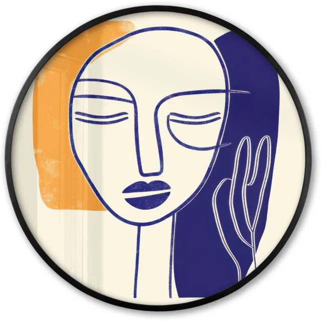 FrameYourWall Poster in lijst Rond - Fotolijst 80x80 cm - Posters - Minimalistisch - Gezicht - Hand - Oranje - Blauw - Ronde posterlijst zwart - Decoratie - Wanddecoratie woonkamer - Muurdecoratie slaapkamer Gezicht - Hand - Minimalistisch