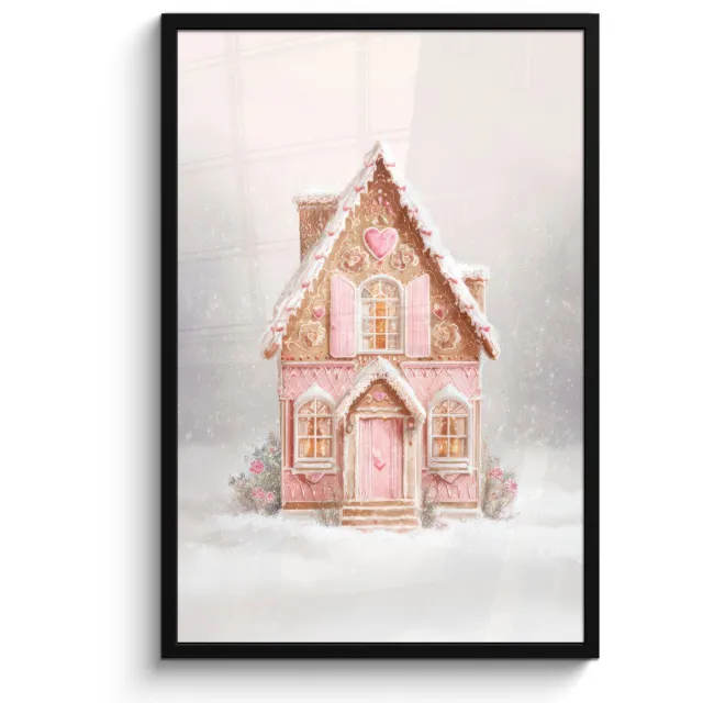 FrameYourWall Poster in lijst - Fotolijst 60x90 cm - Posters - Huisje - Suiker - Pastel - Posterlijst zwart - Decoratie - Wanddecoratie woonkamer - Muurdecoratie slaapkamer - Kerstversiering - Kerstdecoratie voor binnen - Kerstmis