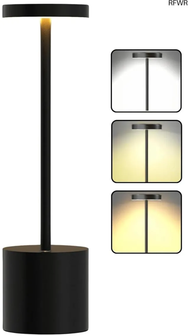 RFWR Dimbare Luxe Tafellamp Touchbediening - Oplaadbare LED Tafel- en Bureaulamp met Warmte Opties - Mat Zwart - Perfect voor Slaapkamer en Woonkamer