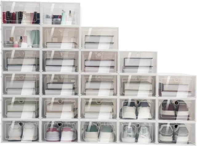 Happiq Schoenendoos Set - Voor Thuis - Opvouwbaar en Stapelbaar - Doorzichtig Plastic - 24 Stuks Wit