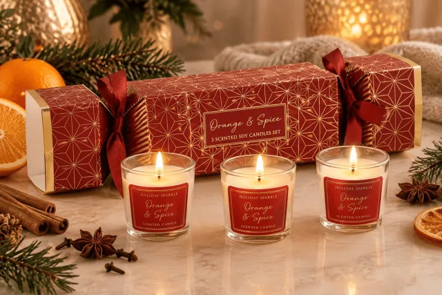 DSB Orange & Spice Cracker Giftset – 3 Luxe Sojakaarsen – Handgegoten & Natuurlijke Geurcadeaus Rood/goud