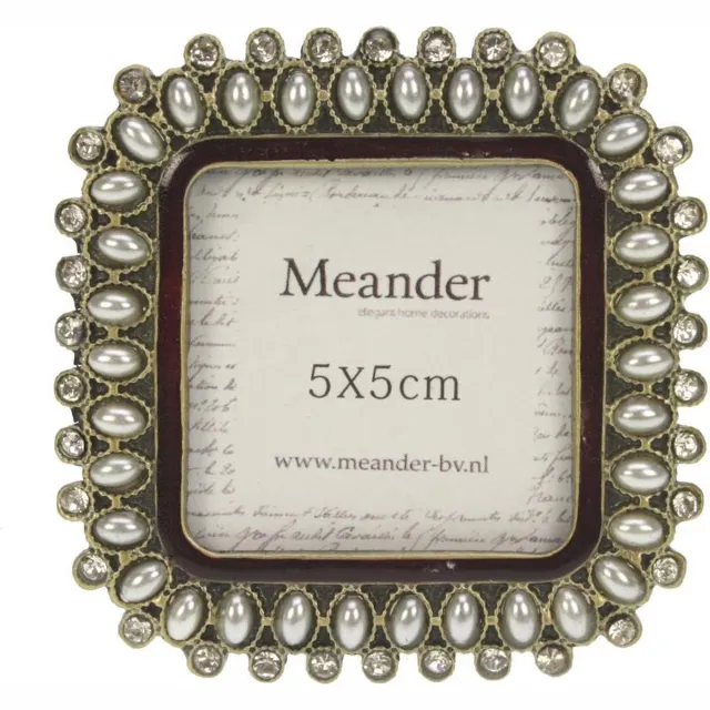 Meander elegant home accesoires Fotolijstje vierkant met strass steentjes en parels - foto 5 x 5 cm. Zwart