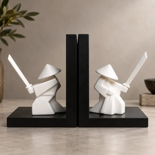 Lammendam Studio GUARDIANS – Luxe Boekensteunen – Set van 2 – Samoerai Beelden – Decoratieve Boekensteunen – Wit/Zwart