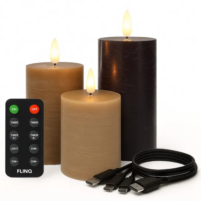 Flinq Oplaadbare LED Kaarsen met Bewegende Vlam - Inclusief Afstandsbediening met Timer en Dimfunctie - Nep Kaarsen met Flikkerende Vlam - Dinerkaarsen Oplaadbaar - 3 stuks - Classic Earth