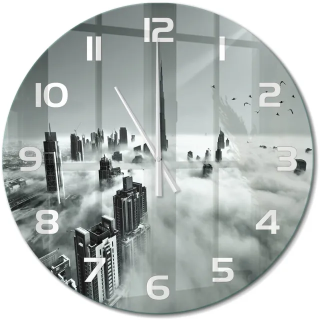 TULUP Wandklok - Mist boven Dubai Gekleurde Glazen Klok - fi60 cm - Zwart-wit Glazen Klok Met Print - Witte handen - Ronde Klok - Moderne Wandklok Glas - Wandklok Glas Decoratie