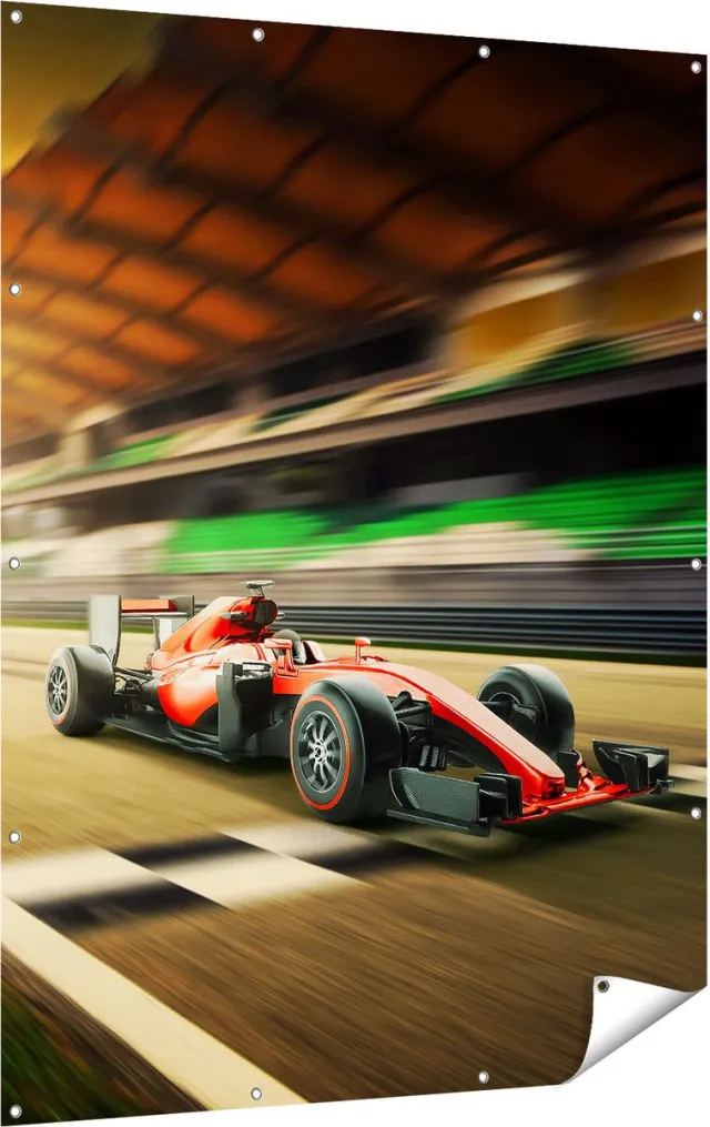 Gards Tuinposter Formule 1 Auto bij de Finish in het Rood - 120x160 cm - Tuindoek - Tuindecoratie - Wanddecoratie buiten - Tuinschilderij Multikleur