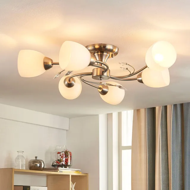Lindby plafondlamp - 6lichts - Glas, metaal - H: 18 cm - E14 - wit, mat nikkel