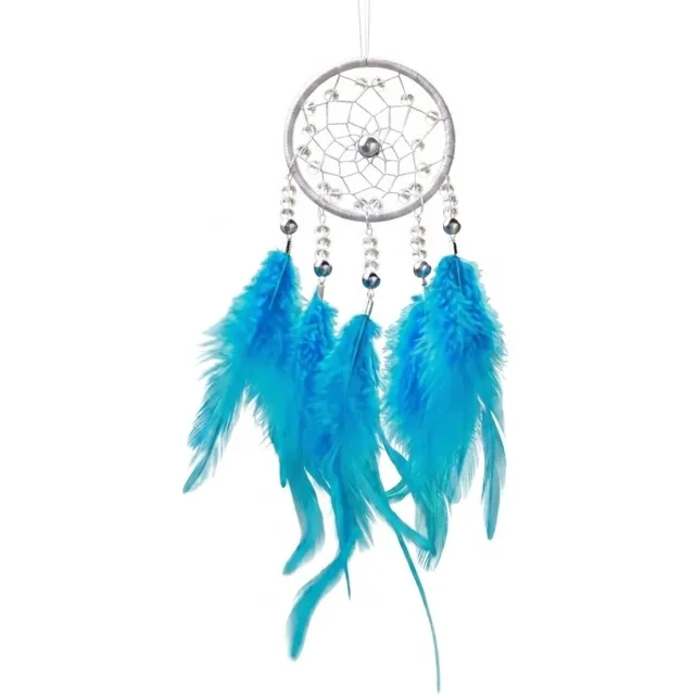 NUVEX Zilverkleurig blauw dromenvanger wand decoratie hanger rond met veren kralen en web patroon voor dames en heren muur ophanging bohemian stijl handgemaakt ornament slaapkamer woonkamer
