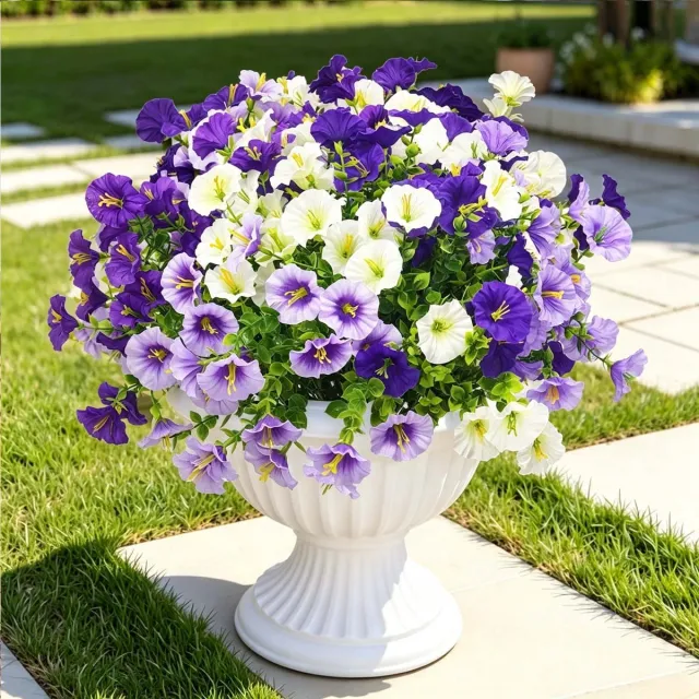 Zyronn Kunstbloemen 8 Stuks - Weerbestendige Kunstpetunia's Voor Op Het Balkon - Zijden Bloemenboeket - Uv-Bestendig - Nepbloemen Voor Binnen En Buiten - 8 Boeketten - 3 Paarse Tinten, 3 Lichtpaarse Tinten, 2 Witte Tinten