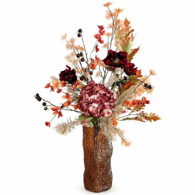 Bloemenjunkie Kunstbloemen - Zijden Bloemen Boeket - Nepbloemen - Kunstboeket - 75cm Hoog - Luxe & Onderhoudsvrij - Herfst bloemen - Hortensia Oranje, groen, Bruin, Burgundy, natuur tinten