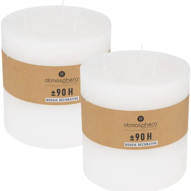 Atmosphera Cilinderkaars / stompkaars groot - 2x - wit - 3 lonten - 14 x 14 cm - 90 branduren - zuilkaars