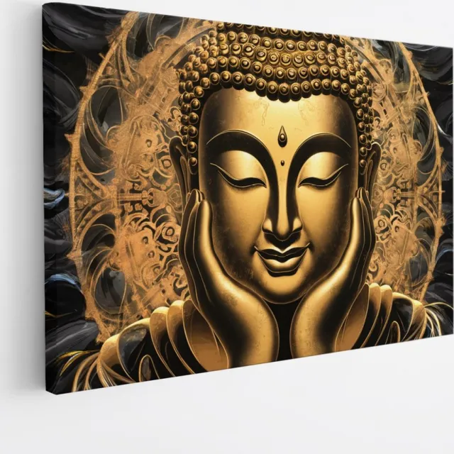 Saammp Canvas Schilderij - Goude Boeddha - kunst - 50x40 - Foto op canvas - Wanddecoratie - Muurdecoratie Woonkamer - Canvas schilderijen Multicolor