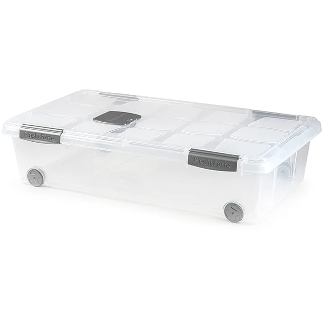 PLASTICFORTE Opslagbox - 1x stuks - met deksel - 30L - 73 x 41 x 18 cm - transparant - opbergbak - met wielen