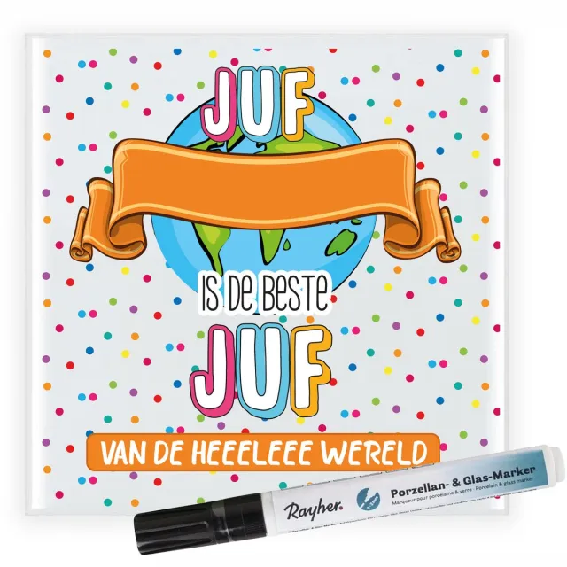 Bellatio Decorations Cadeau tegel voor juf - de beste juf - invul tegel - stippen - keramiek - 15 cm Oranje