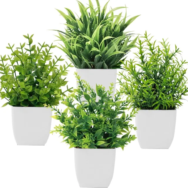Ibenzoa Decoratieve Set van Vier Levensechte Mini Kunstplanten met Pot voor Elke Ruimte wit