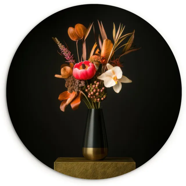 WallCircle Wandcirkel 90x90 cm - Muurcirkel Boeket - Oranje - Gouden - vaas - Muurdecoratie woonkamer - Wanddecoratie slaapkamer - Kamer decoratie accessoires - Ronde schilderijen Boeket - Bloemen 3
