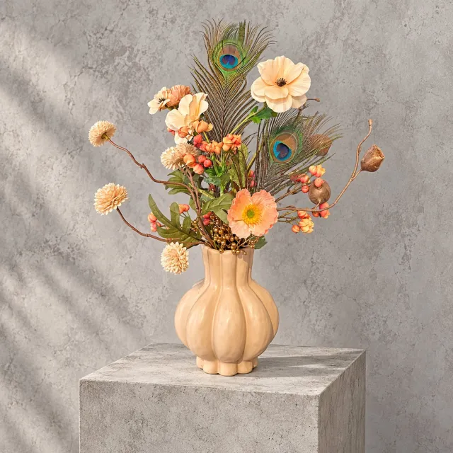 Seta Fiori Nude Elegance Small - Kunstboeket met Keramieken Vaas - Handgemaakt - Nude, Taupe en Beige - 45 cm Nude, taupe, beige, peach