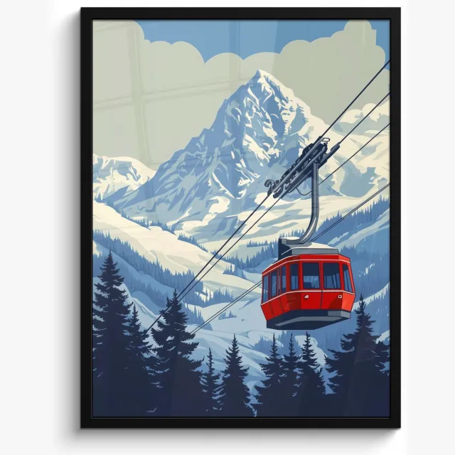 FrameYourWall Poster in lijst - Fotolijst 60x80 cm - Posters - Kabelbaan - Sneeuw - Berglandschap - Posterlijst zwart - Decoratie - Wanddecoratie woonkamer - Muurdecoratie slaapkamer Kabelbaan - Bergen - Sneeuw