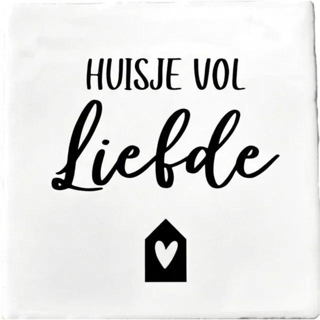 Snoes Spreuktegeltje "Huisje vol Liefde" - Landelijk Handgeletterd Design - Wit Spaans Handvorm Keramiek - 10x10 cm - Inclusief Plakhaakje - Cadeau Nieuwe Woning