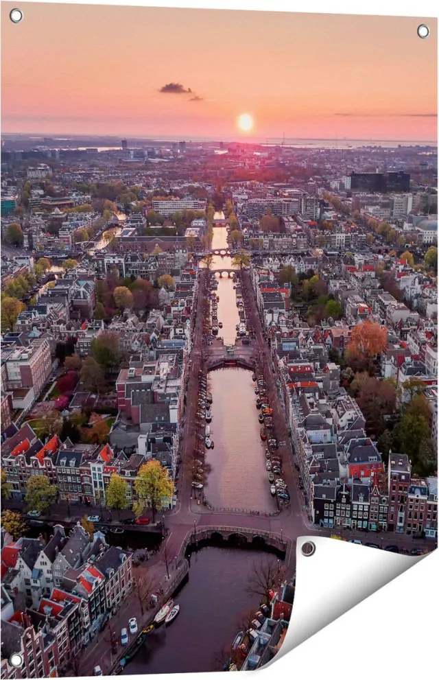 Gards Tuinposter Bovenaanzicht Amsterdam met Zonsondergang - 60x80 cm - Tuindoek - Tuindecoratie - Wanddecoratie buiten - Tuinschilderij Multikleur