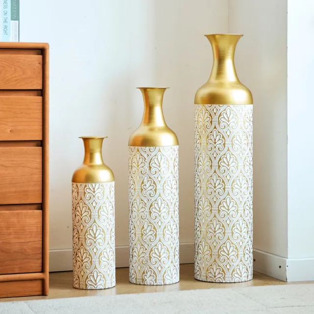 REDOM Vaas - 3-delige vloervaas set - Metalen constructie - Bloemenpatroon - Moderne stijl - Woonkamer, hal of overdekte buitenruimte - Metaal - Goud en Wit - 83 cm