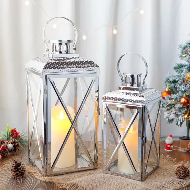 TRIROCKS Set van 2 Luxe Metalen Kaarsenlantaarns - 36 & 46 cm Zilver