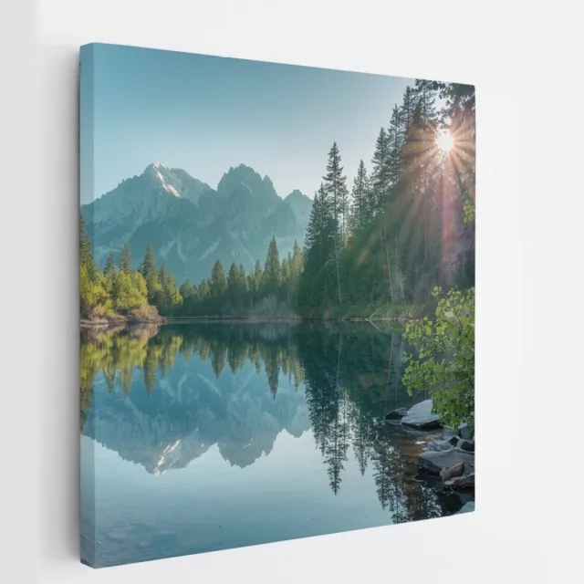 Saammp Canvas Schilderij - Bergen - Zon - Meer - botanisch - Landschap - Natuur - 30x30 - Foto op canvas - Wanddecoratie - Muurdecoratie Woonkamer - Slaapkamer decoratie - Canvas Print Multicolor