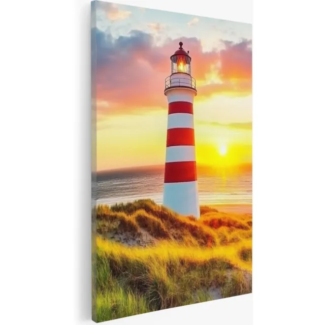 Saammp Canvas Schilderij - Vuurtoren bij zonsondergang - strand en zee - 60x90 - Foto op canvas - Wanddecoratie - muurdecoratie Woonkamer - Slaapkamer decoratie - Canvas Print Multicolor