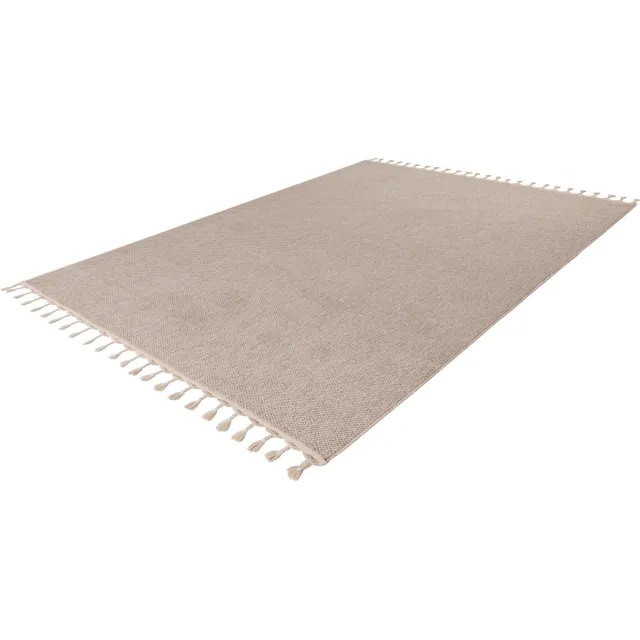 Lalee Tunis plat geweven vloerkleed uni effen tapijt laagpolig met grote franjes tijdloos 160x230cm beige