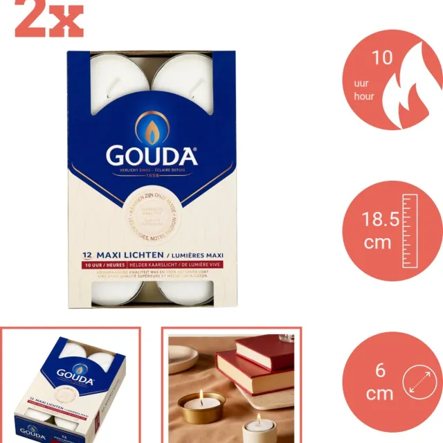 Gouda Maxi - Theelichten - 12 stuks per verpakking - Doos - Voordeelverpakking - 24 stuks - 2 verpakkingen Wit