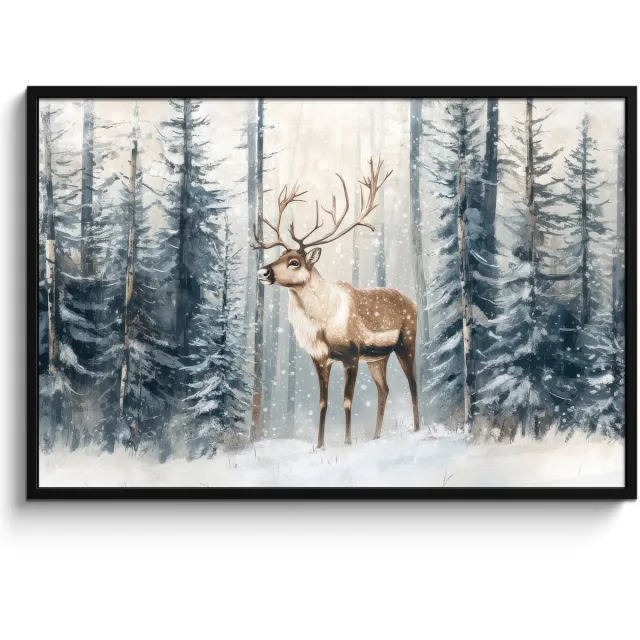 FrameYourWall Poster in lijst - Fotolijst 120x80 cm - Posters - Rendier - Sneeuw - Woud - Wit - Posterlijst zwart - Decoratie - Wanddecoratie woonkamer - Muurdecoratie slaapkamer