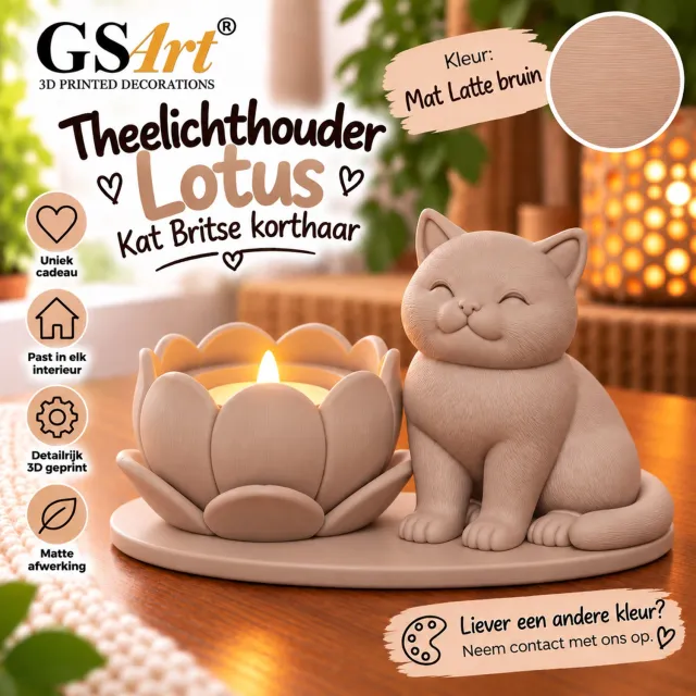 GSArt Theelichthouder Lotus Britse Korthaar Kat – LED – Mat Lattebruin
