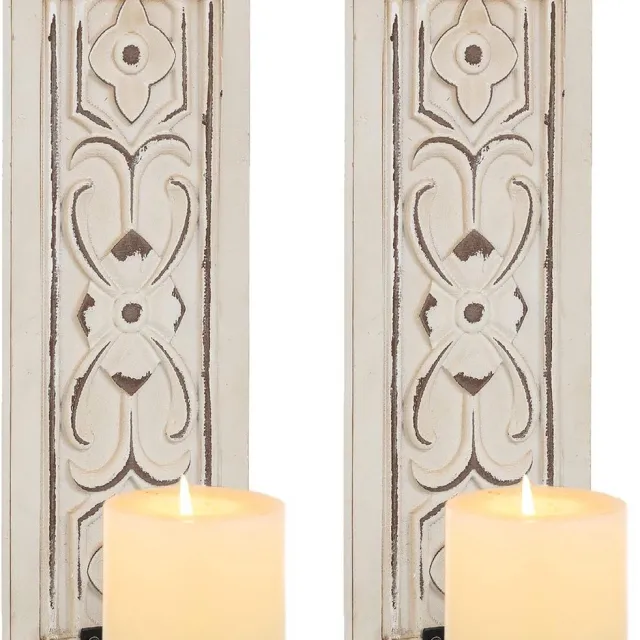 Romadedi Wandkandelaar Sonces set van 2: Romadedi vintage houten kaars sconces wandhouder rustiek decor whitewash voor boerderij antieke woonkamer badkamer hal mantel decoraties beige