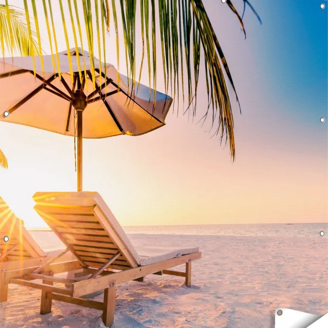 Gards Tuinposter Tropisch Strand tijdens Zonsondergang - 120x120 cm - Tuindoek - Tuindecoratie - Wanddecoratie buiten - Tuinschilderij Multikleur