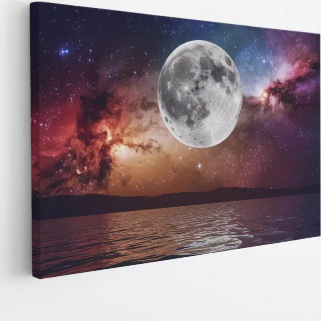 Saammp Canvas Schilderij - Maan met sterrenhemel - Natuur - Ruimte - 70x50 - Foto op canvas - Wanddecoratie - Muurdecoratie Woonkamer - Slaapkamer decoratie - Canvas Print Multicolor