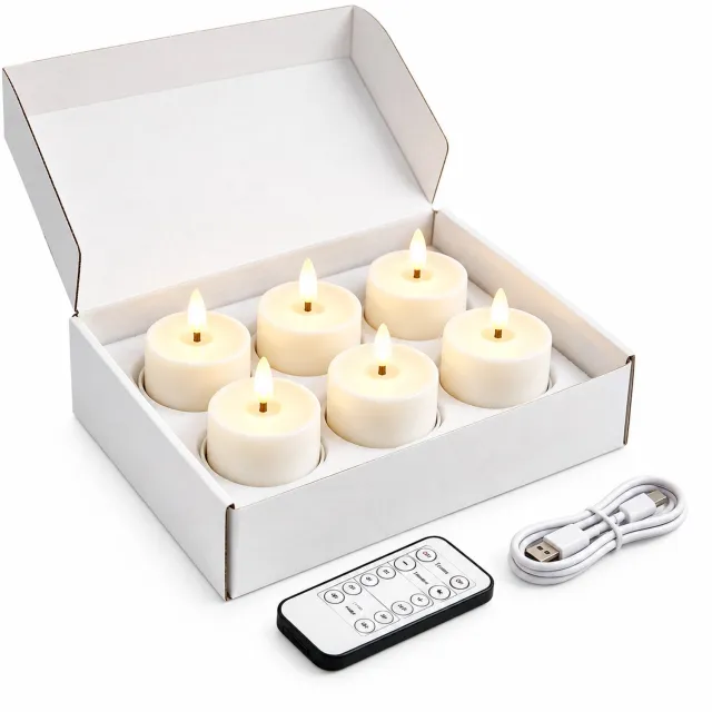 SWGOTA Elektrische kaarsen, 6 stuks, wit, specificatie 2*3, oplaadbaar via USB-C, met afstandsbediening, oplaadkabel en doos