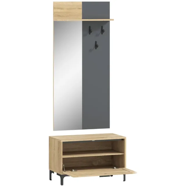 ZYLARO Kapstok - Kapstokset Voor Entree - Schoenenbank - Spiegel - 3 Haken - Open Plank - Halmeubel - Natuurlijk Hout En Grijs natuurlijk hout+grijs