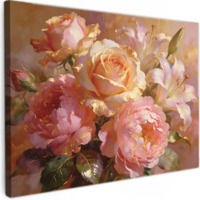 online schilderij Luxe Bloemenboeket 80x60 cm - woonkamer - wanddecoratie - Canvas doek - bloemen boeket roze