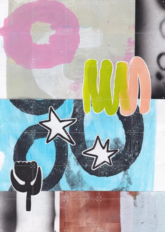 IXXI Urban Playground, Henriette Visscher - 100 x 140 cm - Grote wanddecoratie en posters - Grafisch Ontwerp, Gemengde Technieken, Collage, Abstract Blauw / Roze / Groen
