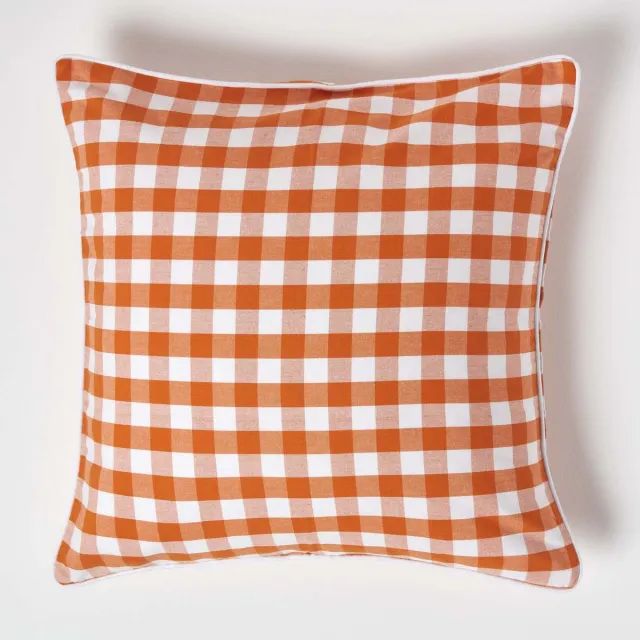 Homescapes Oranje geruite kussenhoes 60 x 60 cm gemaakt van 100% katoen