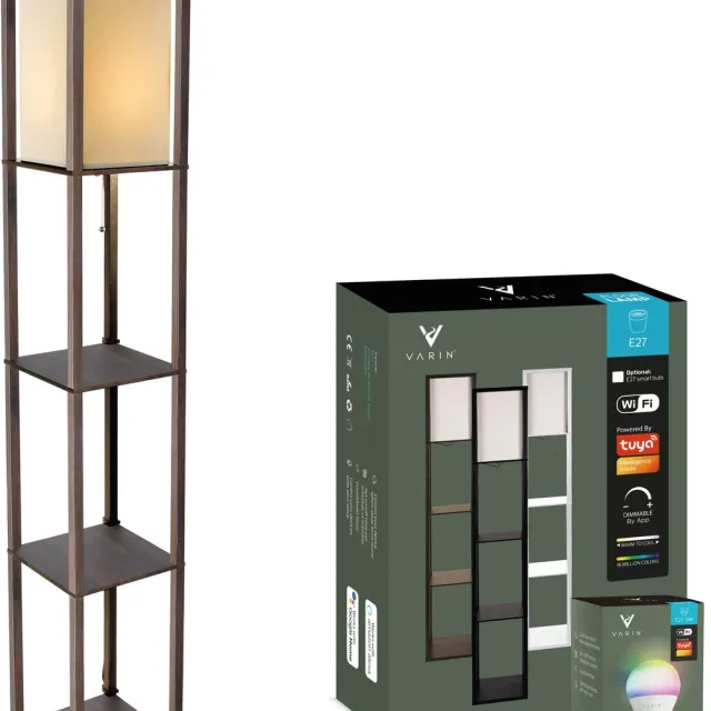 Varin Vloerlamp met vakken - Donker bruin - Met E27 Led lamp - Dimbaar - Witlicht RGB - Smart Lamp Tuya wifi - Slimme staande lampen - Sfeerlamp - Vakkenkast - Lamp industrieel - Daglichtlamp - Vloerlampen - Verlichting woonkamer, keuken slaapkamer Bruin frame + witte kap BR