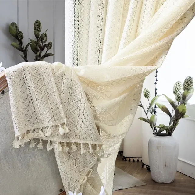 Unyqoos Set van twee elegante beige gordijnen in boho-stijl voor sfeervolle kamers