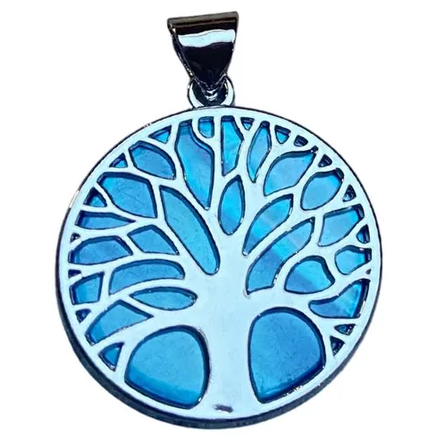 Namasté Levensboom Amulet Blauw Parelmoer 33 mm – Spiritueel Symbool zilver