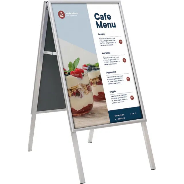 Europel Stoepbord - Kliklijst B1 formaat - 70,7 x 100 cm - 25 mm frame - Dubbelzijdige presentatie - Spatwater bestendig - Gemakkelijk op te bergen Zilver